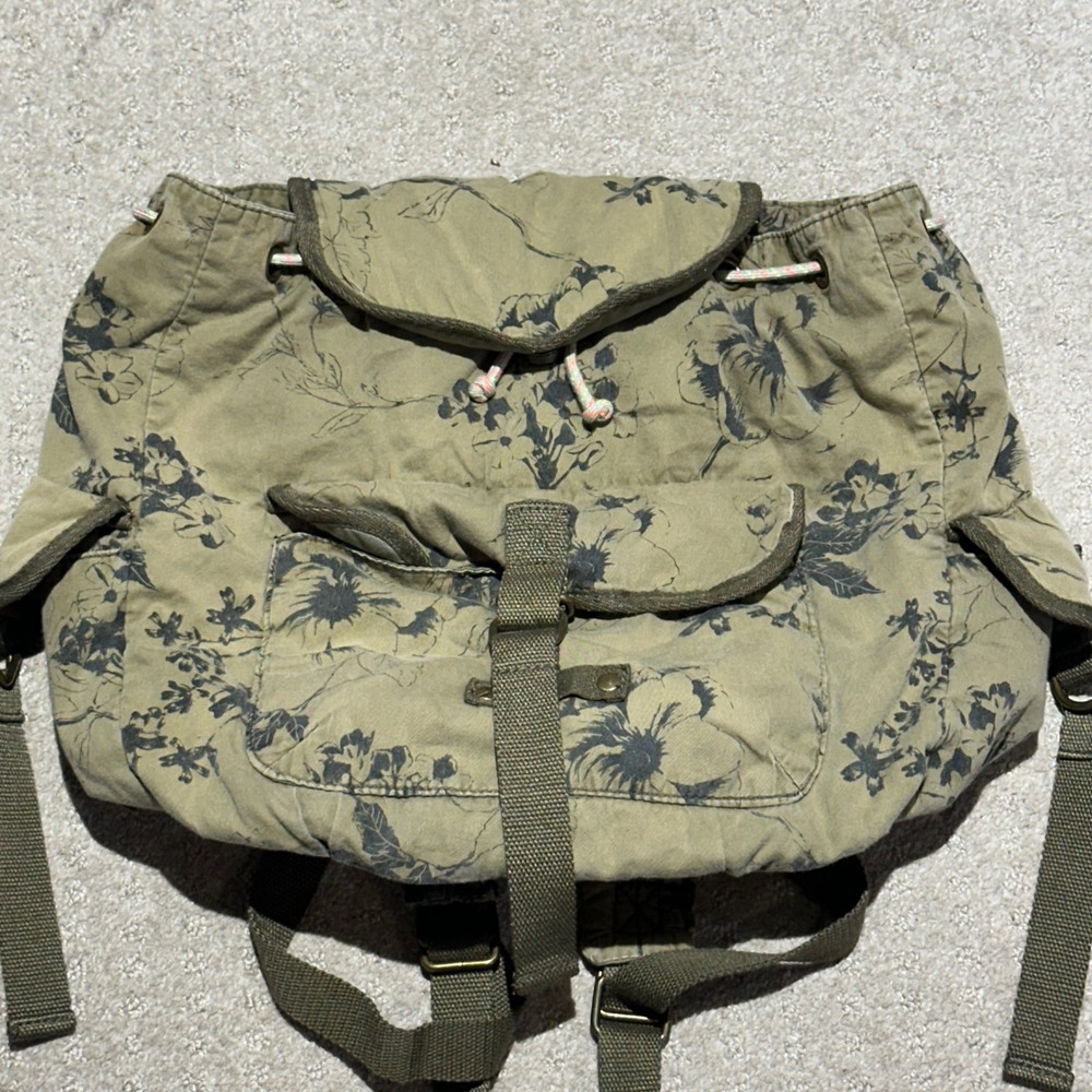 American Eagle Outfitters Olive Green Floral Canvas Drawstring Backpack Bag